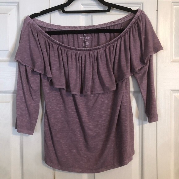 AMERICAN EAGLE Mauve Rose Pink Medium Off Shoulder Ruffle Flowy 3/4 Sleeves - Picture 1 of 6